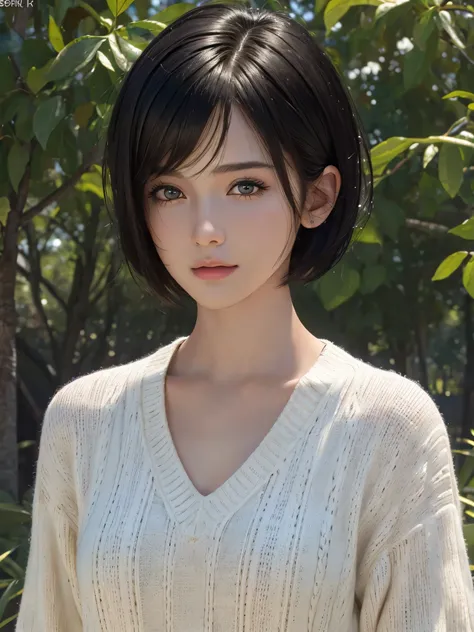 (masterpiece:1.3), (8k, photorealistic, RAW photo, best quality: 1.4), (1girl), beautiful face, (realistic face), (black hair, short hair:1.3), Nice hairstyle，photorealistic eye，Nice detail eyes，（Realistic skin），Beautiful skins，（Sweaters），absurd res，entici...