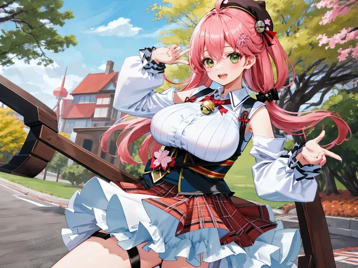 masutepiece, Best_Quality, hight_resolution, miko2,Ponytail, 1girl, young_teen,Ahoge, black headwear, Hair Ornament, White shirt, black thighhighs, Pink hair, Red_skirt, very_short_skirt, plaid skirts, garter_strap, Collared shirt, hair clips, frilld, Bang...