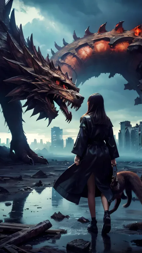 Ultra-high resolution, Superior Quality, highest quality, Super detailed, Realistic, 8k, highest quality, masterpiece, Japanese woman holding hands with a big monster, Ruined City, A dark, mysterious and eerie worldview,