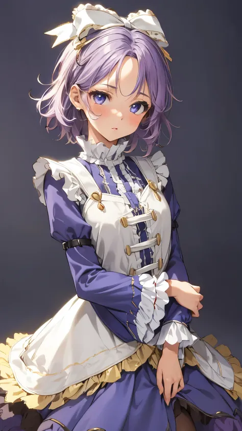 (upper body:1.3),aalatooni, short hair,light purple hair,forehead,hair bow, frills, blue frilled dress, long sleeves, pantyhose,blush,(arms behind back),masterpiece,Noise Reduction,perfect anatomy,high resolution, ultra-detailed,game cg,dutch angle ,beauti...