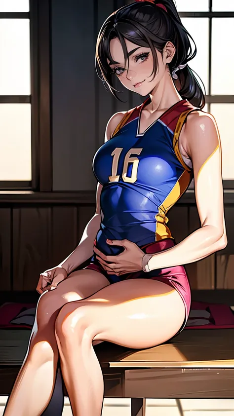 ((((perfect anatomy, super detailed skin)))), 1 girl, japanese, 16 years old, volleyball player, shiny skin, watching the view, 
beautiful hair, beautiful face, beautiful detailed eyes, brown eyeiddle hair:1.4, ponytail:1.5), 
beautiful collarbones, beauti...