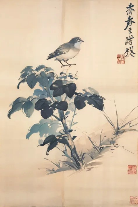 chinese brush painting, monochrome,bird,tree