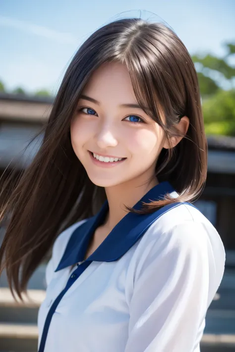 hair), (highest quality: 1.2), (Realistic), (Realistic: 1.37), Ultra-high resolution, 1 girl, Beautiful girl with a smile of a Japanese high school student,Blue Eye Color, Ahiro is&#39;mouth,   Beautiful details, Beautiful Nose, Long Hair, Beautiful and we...