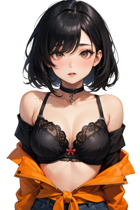 Amazing portrait of a cute goth woman with her short black hair in a bob hairstyle and shes wearing heavy eyeliner around her eyes and shes gazing at you seductively she wears an off shoulder t shirt that is orange and black with black bra straps 