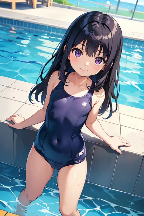 Elementary school girl, 8 years old, flat chest, black hair, long hair, purple eyes, smiling(1 person) 　Navy blue old style school swimsuit　Barefoot poolside standing　Dynamic Angle　Low - Angle