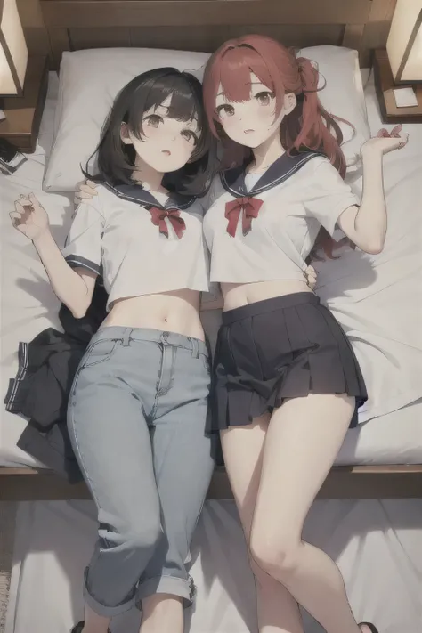 2 girls, Redhead, Updo, Facial hair stripes, Red eyes, mascara, skirt, Sagging under the eyes、feet, Impact, 8k, masterpiece,Thighs,color、Sailor suit、uniform、Roll up your skirt、(Skirt flipping:1)、pants、erotic、sexy、Thighs、Lesbian、Are sleeping、裸feet、Health ...