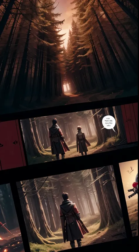 Comic storyboard:1.3, comic strip, comic book layouts, medieval era storyboard, adventure story of a.boy and jm robot, Japanese anime manga style, red dark sky background, in a forest 10K.