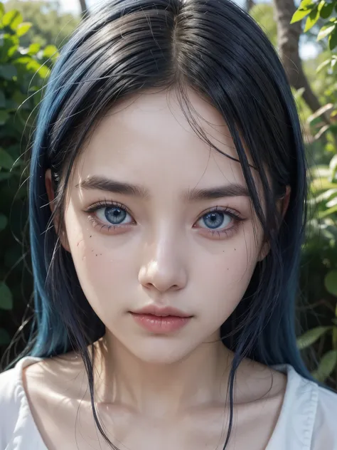 Seele、pfotorealistic, Highresolution, 1 woman, blue-haired, Korean, Heterochromia eyes, Small moles under the eyes,outdoor、