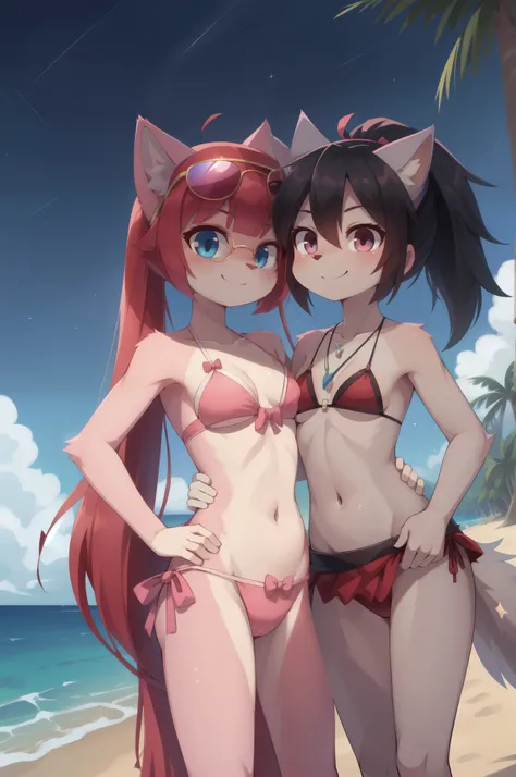 furry girl, cat, red hair, Knight bangs hairstyle, long ponytail, anime style, medium breasts, blue eyes, ((bright pink bikini Bandeau with bow in the center, side bows at the bottom, Sunglasses and wide-brimmed hat)), high quality, detailed body, detailed...