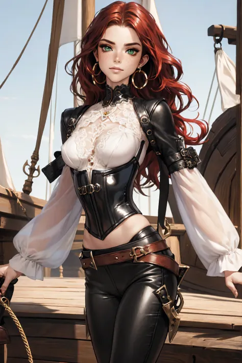 (masterpiece), best quality, expressive eyes, perfect face, (pirate ship background), (standing), (smirk), (closeup view), (1gir...