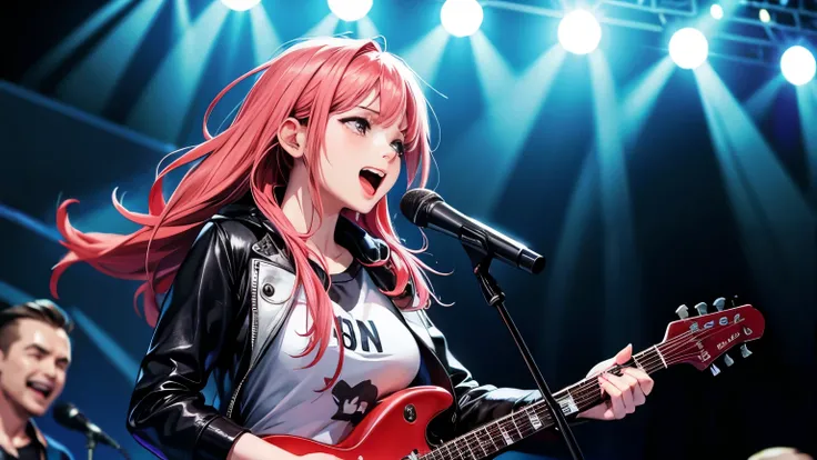 Female vocalist of a rock band Holding a microphone and singing enthusiastically