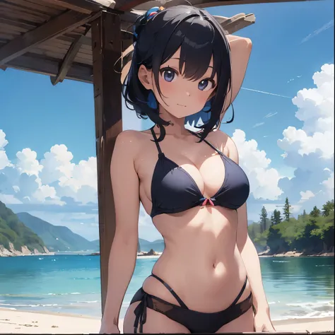 Blue haired girl drawn in high resolution Japanese anime style、whole body、Women in blue bikinis taking photos on a deserted beach, Bikini Model, , A young and cute gravure idol, Posing together in bras, Russian and Japanese mix, sakimichan, Asian woman, We...