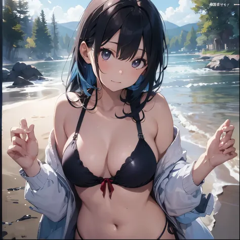 Blue haired girl drawn in high resolution Japanese anime style、whole body、Women in blue bikinis taking photos on a deserted beach, Bikini Model, , A young and cute gravure idol, Posing together in bras, Russian and Japanese mix, sakimichan, Asian woman, We...