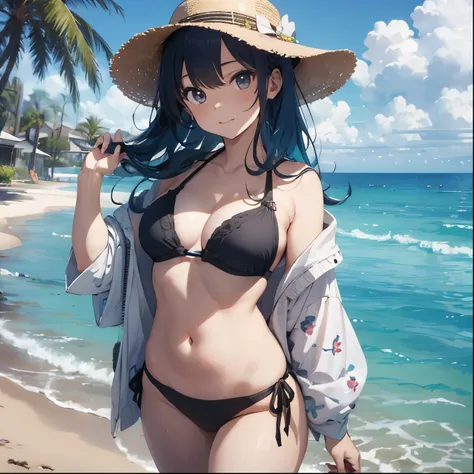 Blue haired girl drawn in high resolution Japanese anime style、whole body、Women in blue bikinis taking photos on a deserted beach, Bikini Model, , A young and cute gravure idol, Posing together in bras, Russian and Japanese mix, sakimichan, Asian woman, We...