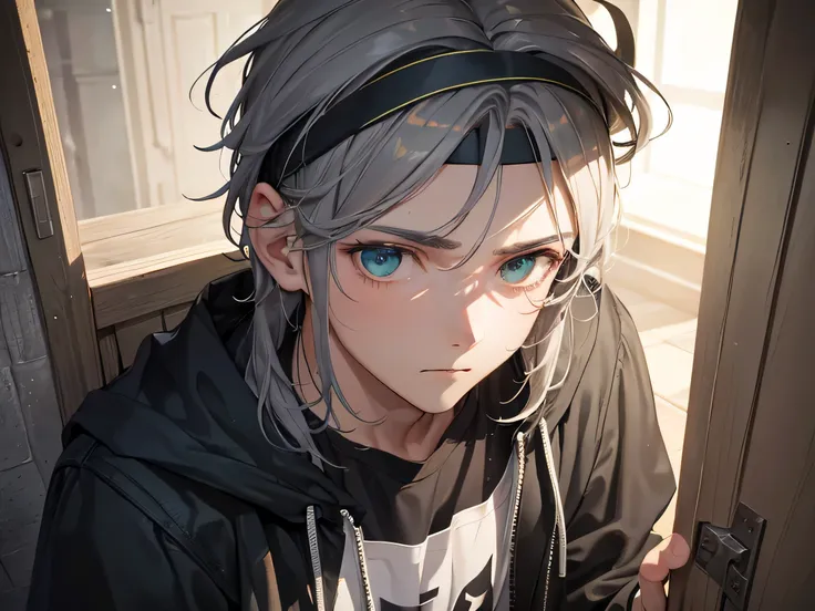 a detail close up person, ((8k)), ((face detailed)), ((full body shot)), a gray-haired ((teenage boy)) brownish skin with a gloomy face without a pale expression wearing black headband sitting in the corner of the wall, looking up with a dead gaze looking ...