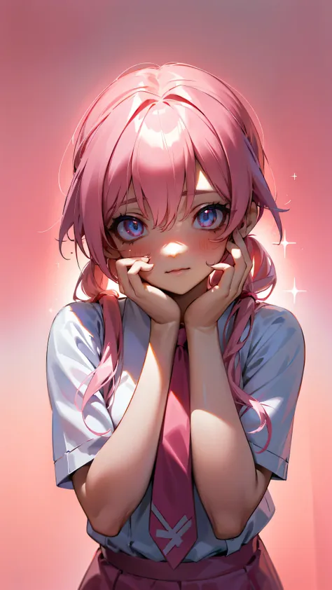 Gasai Juno, ((Best quality)), ((very detailed)), masterpiece, absurdity, (Pink hair),(Detailed eyes, dark red eyes), (1 Girl), yandere trance, yandere, hands on your own face, hands on your own cheeks, shaded face, ((sparkling eyes)), Pink hair, White shir...