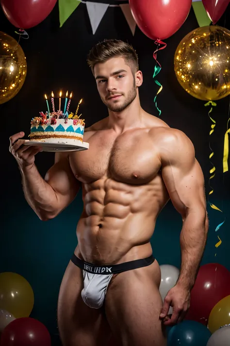 (8K, RAW photo, Highest quality) masterpiece, 1 young boy, 18 years old, muscular man Look at viewer, standing forward, showing his huge muscular breasts, puffy nipples, sexy six packs, narrow waist, he is holding a plate with a birthday anniversary cake. ...