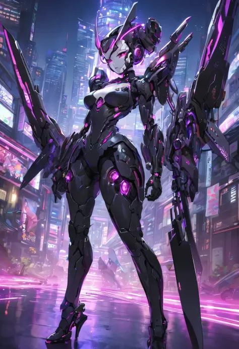 A Geisha cyborg with purple neon highlights and black titanium armor, sleek and formidable, armed with razor-sharp blades and plasma cannons, prowling the neon-lit cityscape, a fusion of elegance and lethal power.