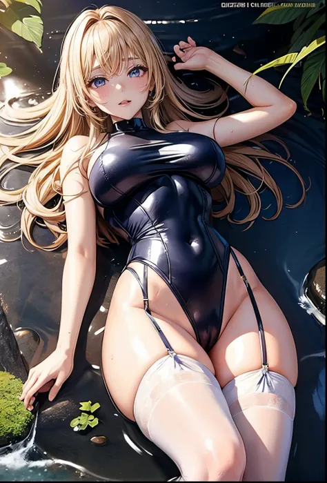 Korean Idols　Campaign girl　Campaign Girl　circuit　Super shiny enamel leotard with sponsor logo　Big Breasts　High leg　garter belt　Super Shiny Stockings　Lying in a forest river　Armpit　Depicted from below　Sweat