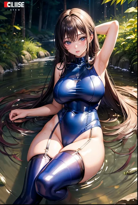 Korean Idols　Campaign girl　Campaign Girl　circuit　Super shiny enamel leotard with sponsor logo　Big Breasts　High leg　garter belt　Super Shiny Stockings　Lying in a forest river　Armpit　Depicted from below　Sweat