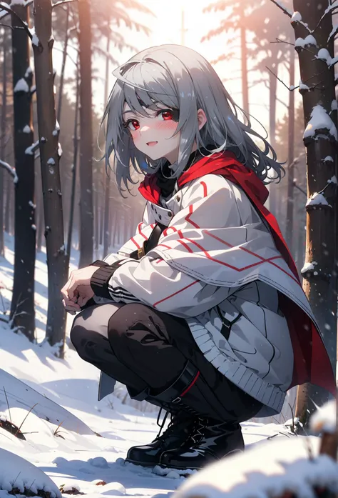 Laurabodewig, Laura Bodewig, Long Hair, (Red eyes:1.3), Grey Hair, Eye patch,smile,smile,blush,White Breath,
Open your mouth,snow,Ground bonfire,,Outdoor, boots, snowing, From the side, wood, suitcase, Cape, Blurred, , forest, White handbag, nature,  Squat...