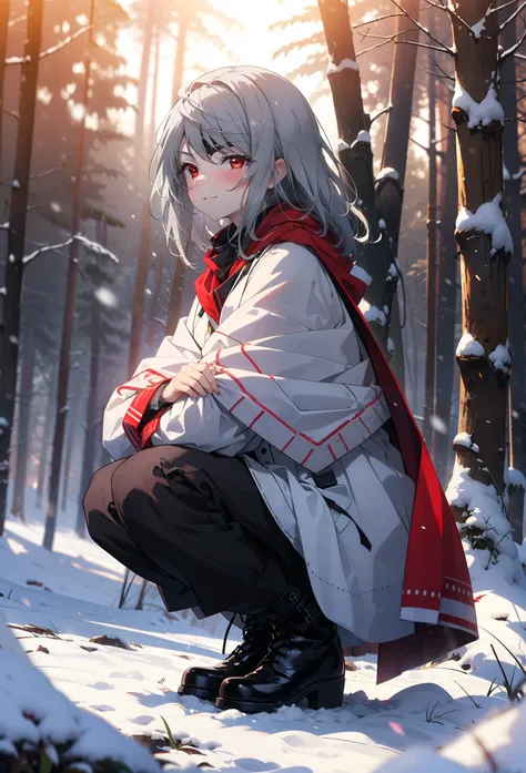 Laurabodewig, Laura Bodewig, Long Hair, (Red eyes:1.3), Grey Hair, Eye patch,smile,smile,blush,White Breath,
Open your mouth,snow,Ground bonfire,,Outdoor, boots, snowing, From the side, wood, suitcase, Cape, Blurred, , forest, White handbag, nature,  Squat...