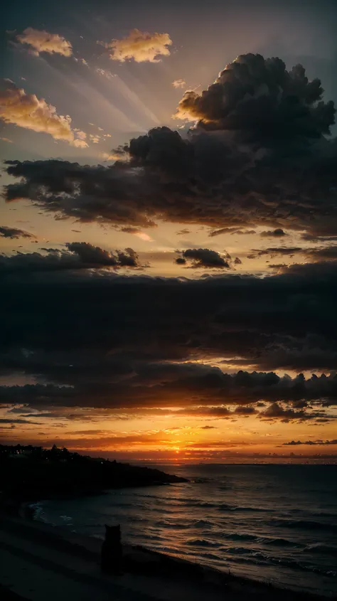 mountain view with sunset, realistic, 8k darklight, Kitty watching sunset, Scenery of sunset and dusk by the seaside
