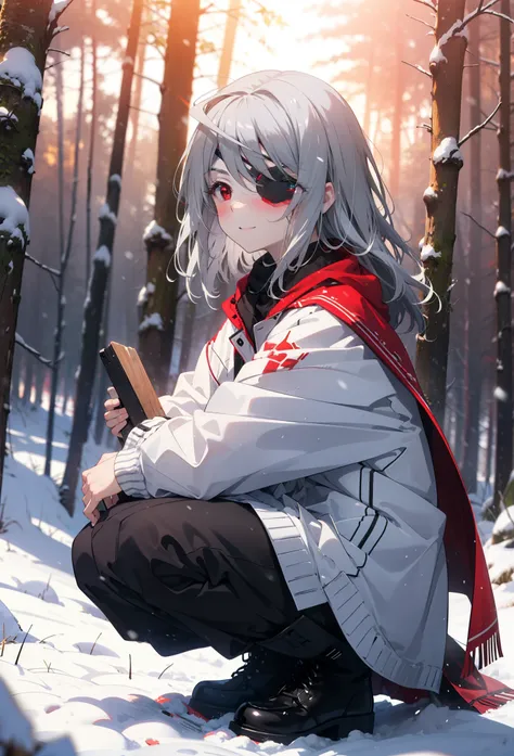Laurabodewig, Laura Bodewig, Long Hair, (Red eyes:1.3), Grey Hair, Eye patch,smile,smile,blush,White Breath,
Open your mouth,snow,A bonfire on the ground,,Outdoor, boots, snowing, From the side, wood, suitcase, Cape, Blurred, , forest, White handbag, natur...