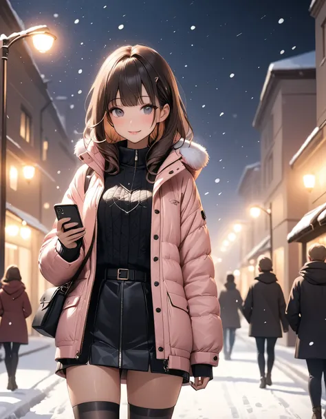 Beautiful woman, street lights at night, Fiddling with smartphones, Hot Pants, pink, snow, snowing, Passersby, night gradient, fine details, Subtle tones, There is a sense of tranquility in the picture. Bokeh, stockings