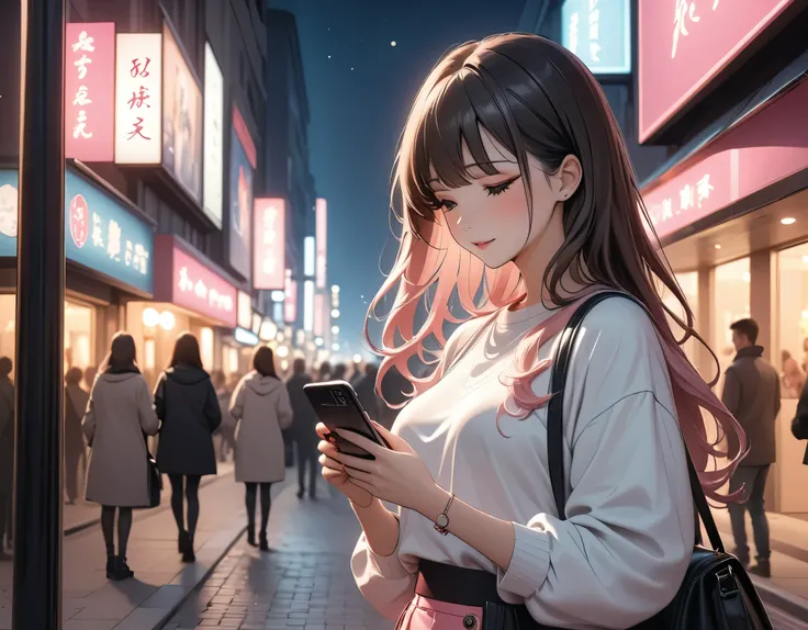 Beautiful woman, street lights at night, Fiddling with smartphones, Hot Pants, Fragrant pink flowers, Passersby, night gradient, fine details, Subtle tones, There is a sense of tranquility in the picture.