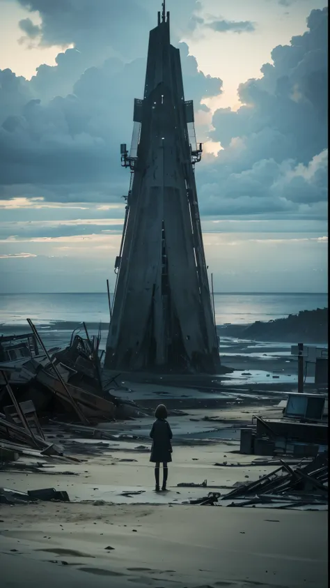 A masterpiece with cutting-edge technology(1.2)、highest quality:Beautifully enhanced with HDR effects、Ultra-detailed illustration of a lonely figure in cinematic lighting。The scene is、It is a post-apocalyptic beach scene with a desolate atmosphere.、Night e...