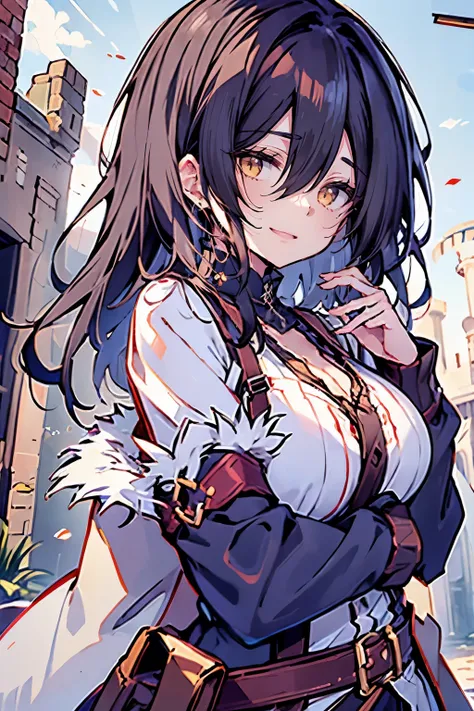 hui xiyi, rekkyo sensen, rekkyou sensen, girls with((black hair, tits cleavage, waving, breasts close up, suspenders, dress, blue clothes, swept bangs, belt, frills shirt, blue knit sweater, exposed breasts, straps, ribbon, fur clothes, upper body, long ha...