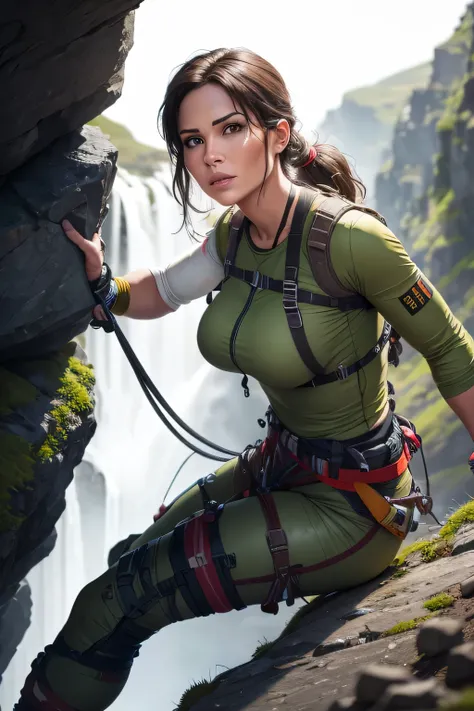 Lara Croft conducting rope rescue training，(A group of climbers:1.1),Rescue operations,action sports,Climbing,mountain peaks,Cord,challenge,highly,Courage,(Heroic rescue scene:1.2),Emergency Response Team, (Jaw-dropping effect), (Studio lighting), DLSR, sh...