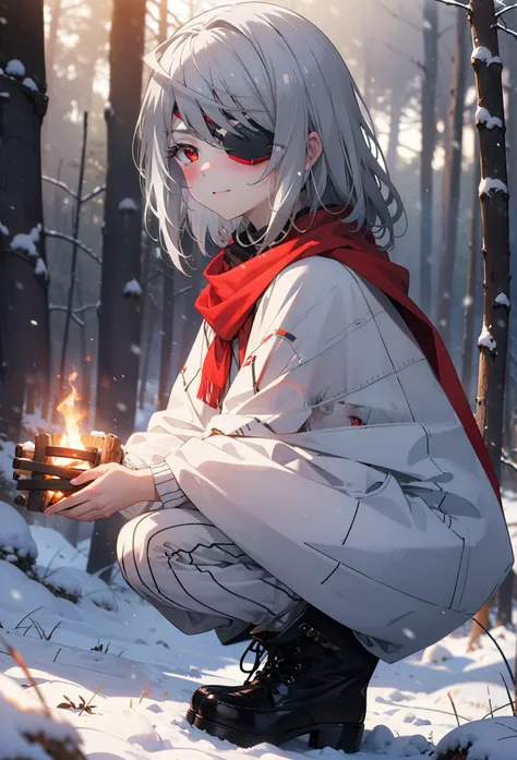 Laurabodewig, Laura Bodewig, Long Hair, (Red eyes:1.3), Grey Hair, Eye patch,smile,smile,blush,White Breath,
Open your mouth,snow,A bonfire on the ground,,Outdoor, boots, snowing, From the side, wood, suitcase, Cape, Blurred, , forest, White handbag, natur...