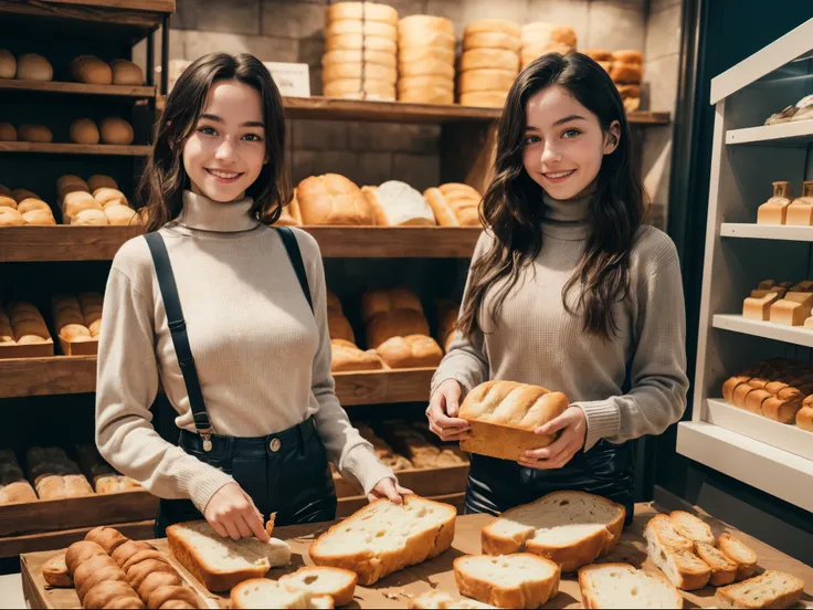 1girl, pov, detailed face, looking at viewer, long sleeve turtleneck blouse, inside vintage bakery shop, suspender, warm smile, ...