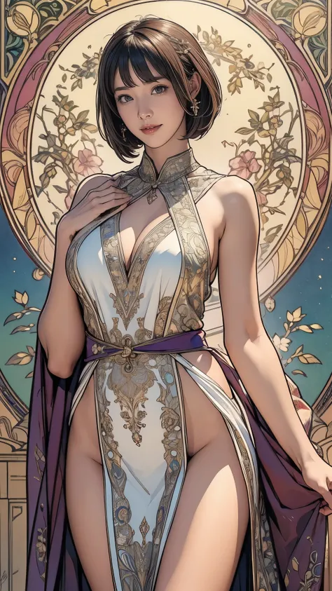 (masterpiece),(highest quality),(Very detailed),(High resolution),8k,wallpaper,soft-edged,1 girl,Beautiful female hands,Careful drawing of hands,The goddess of sexuality stands,Short Bob,Big Breasts,front,Looking at me,Sexy smile,loincloth,Intricate Mucha-...