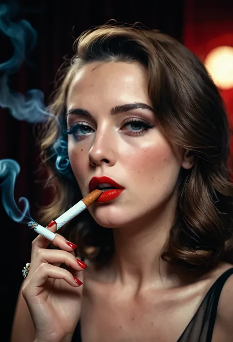 cinematic film still score_9, score_8_up, score_7_up, dramatic lighting, (realistic:1.3), (light freckles:0.4), medium shot anya woman smoking a cigarette, red lipstick, lips on cigarette, pucker, smoke, close up, red nail polish . shallow depth of field, ...