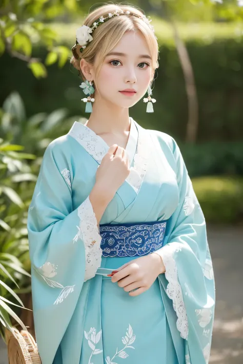 A simple green background、A young blonde woman wears a traditional Japanese kimono。She has a lace headband in her hair、There is a blue ribbon。Delicate earrings swaying from her ears、He is holding a bamboo basket in his hand.。The dress is light blue、Decorat...