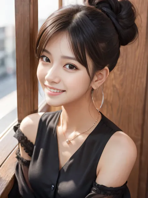 Ultra-high resolution, Superior Quality, highest quality, Very detailed, Realistic, 8k, RAW Photos, highest quality, masterpiece, Attractive girl, Awesome girl, Black Hair、Hairstyle bun、 Japanese Idols, Sophisticated, stylish, blouse,smile、Ear piercing、Nec...