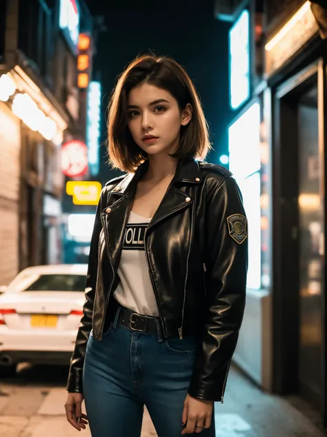 Portrait of a beautiful female model natlp, Georgia Fowler, Beautiful Face, Short dark brown hair, Cyberpunk city at night. She is wearing a leather jacket, Black jeans, Dramatic lighting, (Police Badge:1.2)