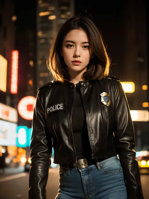 Portrait of a beautiful female model natlp, Georgia Fowler, Beautiful Face, Short dark brown hair, Cyberpunk city at night. She is wearing a leather jacket, Black jeans, Dramatic lighting, (Police Badge:1.2)