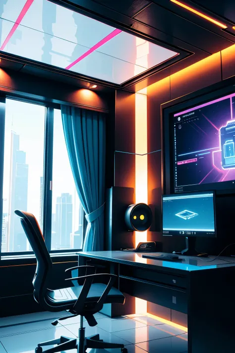 In front of the window there is a computer desk with a monitor and a chair., Futuristic room background, retro Futuristic apartment, Futuristic room, Futuristic interior, Desktop Graphics, Futuristic. Game CG, Futuristic decor, 3D iOS Room Photos, cgsociet...