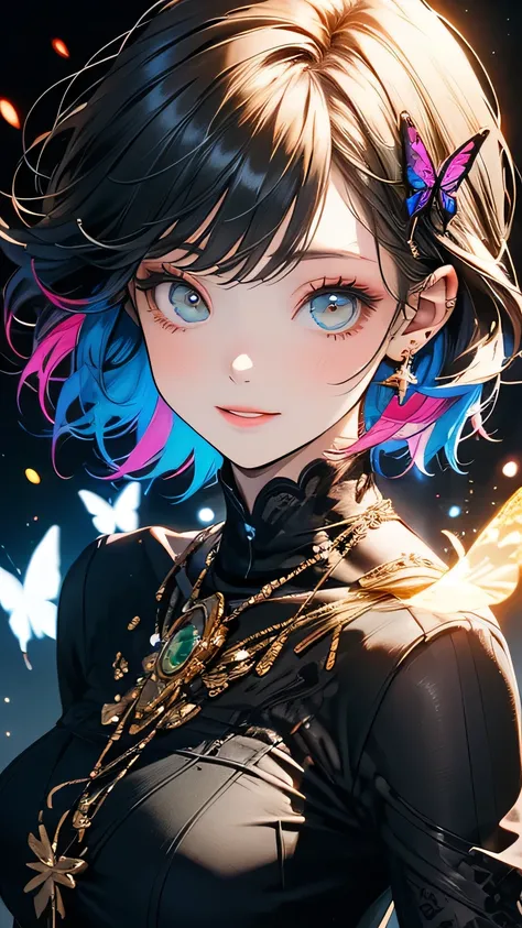 One girl, masterpiece, Very detailed, ((Cinema Lighting)), (Shine), ((Dramatic lighting)), ((Beautiful sparkle)), Super Detail, Lens flare, Multicolored Hair, Rainbow Hair, Short Bob, Colorful dresses, Butterfly hair accessory, butterfly, (Particles of lig...