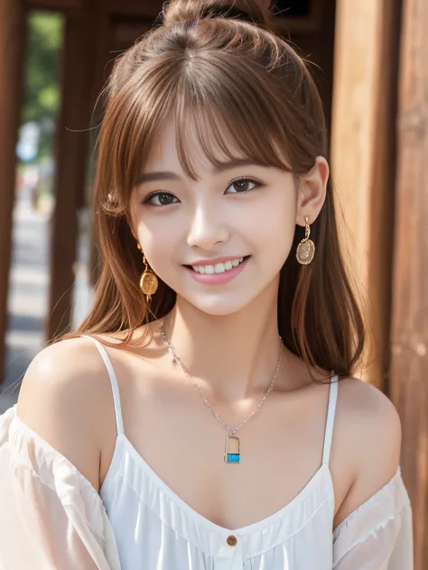 Ultra-high resolution, Superior Quality, highest quality, Very detailed, Realistic, 8k, RAW Photos, highest quality, masterpiece, Attractive girl, Awesome girl, Light brown hair、Hairstyle bun、Japanese Idols, Ear piercing、Necklace around the neck、blouse,smi...