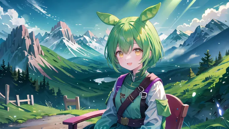 Dark green hair, eyes are yellow, scenery, Mountain, Upper Body, smile, Sitting, Open your mouth, Particles of light, Looking at the audience, Face Focus