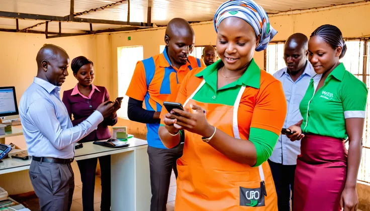 B2C (Business-to-Consumer), illustration of an M-PESA Bulk Payments service transaction, organization representatives in an office, NGO workers in the field, and small business owners in shops all checking their phones simultaneously, dynamic environment s...