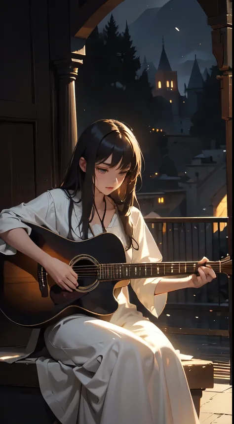 guitarist_Tarrega、Guitar playing、At the Alhambra、Reality、Romance、Fantasy、Dramatic lighting, Structure of the film, highest quality, masterpiece、Fantasy Landscape, Detailed guitar, Dramatic atmosphere, Calm colors, Detailed facial features,