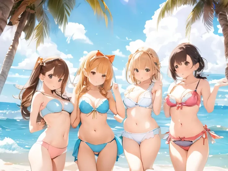 Four busty sisters in cute lingerie and cute bras、Cute white bra with ribbon、White and light blue checkered bra、Cute orange bra、White underwear with cute ribbon、White and light blue striped pants、Cute orange underwear、Sandy Beach, Calm, Clear sea and blue ...