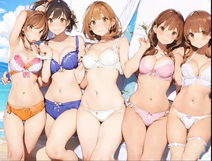 Four busty sisters in cute lingerie and cute bras、Cute white bra with ribbon、White and light blue checkered bra、Cute orange bra、White underwear with cute ribbon、White and light blue striped pants、Cute orange underwear、Sandy Beach, Calm, Clear sea and blue ...