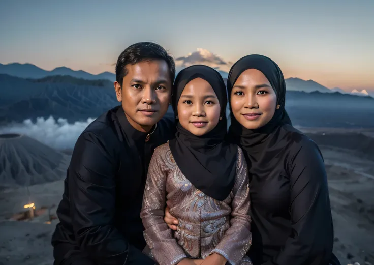 full body portrait an indonesian family has a father and mother and an eight year old daughter wearing a hijab, traditional clot...